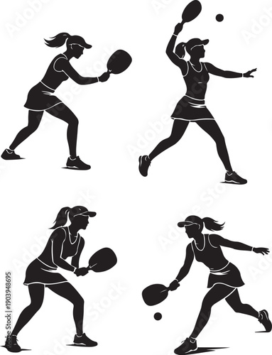 Vector silhouette set of female tennis players in various action poses, black and white, isolated on white