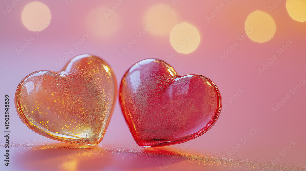 Fototapeta premium Pair of pink crystal hearts with glitter inside