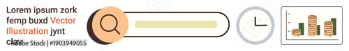 Data analysis, time management, financial growth, progress tracking, productivity, search optimization. A search bar, magnifying glass clock and chart with stacked coins. Data analysis and time