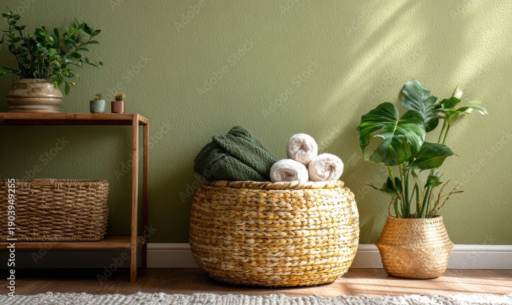 Fototapeta premium A basket of towels sits on a wooden table