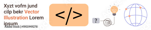 Web development, programming, technology, innovation, global networking, problem-solving. Central coding brackets alongside a globe and a light bulb symbol. Web development and technology