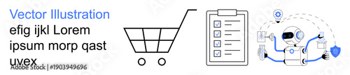 Online shopping, task management, automation, cybersecurity, digital payment, data protection. Shopping cart, clipboard robotic process. Online shopping and automation concepts