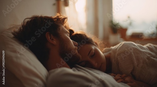 Young couple sleeping in bed together. the man is on the left side of the image, with his head resting on the pillow and his eyes closed. he has a beard and is wearing a white shirt.