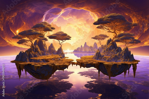 Surreal Floating Islands over Golden Ocean at Sunset