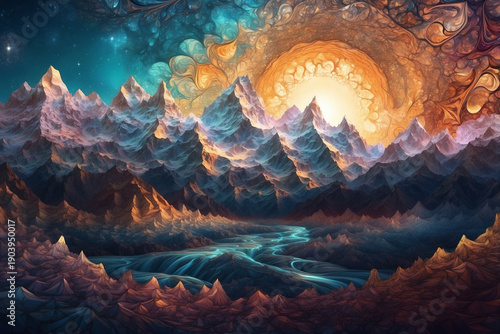 Golden Hour Mountain Landscape with Psychedelic Auroras & Floating Crystals