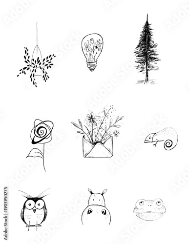 Hand-drawn pen and ink illustration doodle sheet set with plants, animals, pine tree and light bulb, small tattoo flash sheet 