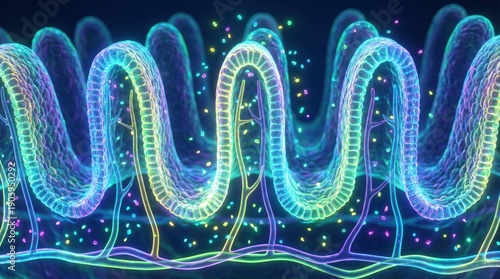 Nutrient absorption process visualization human cells digital art abstract close-up educational concept