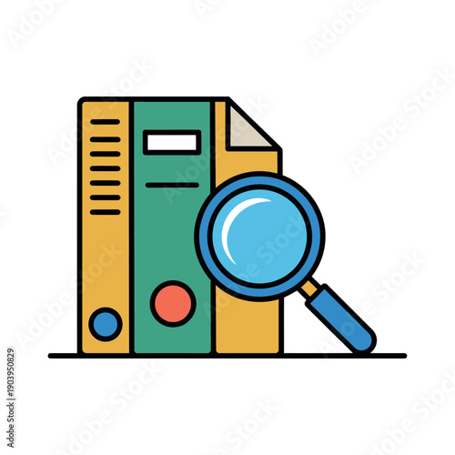 A colorful illustration of a file folder with a magnifying glass, symbolizing search and investigation.