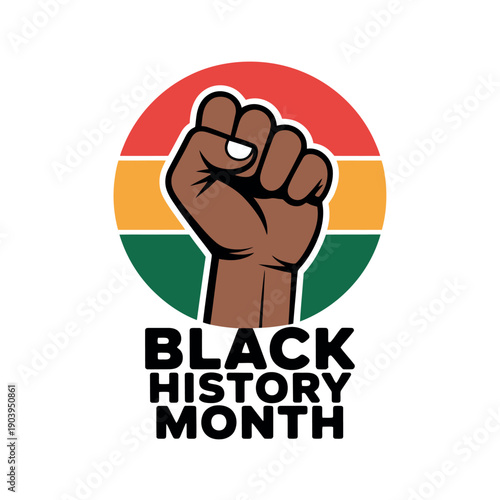 A graphic illustration celebrating Black History Month with a raised fist and colorful circular background