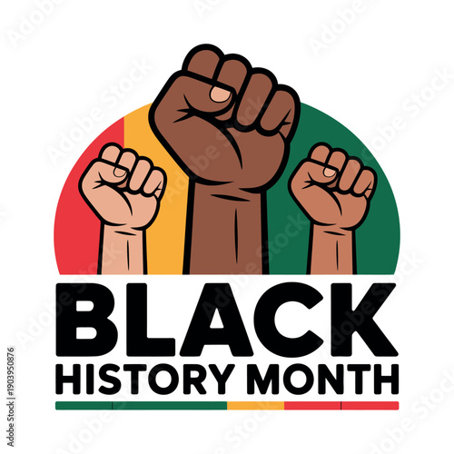 A graphic illustration celebrating Black History Month with raised fists and colorful background