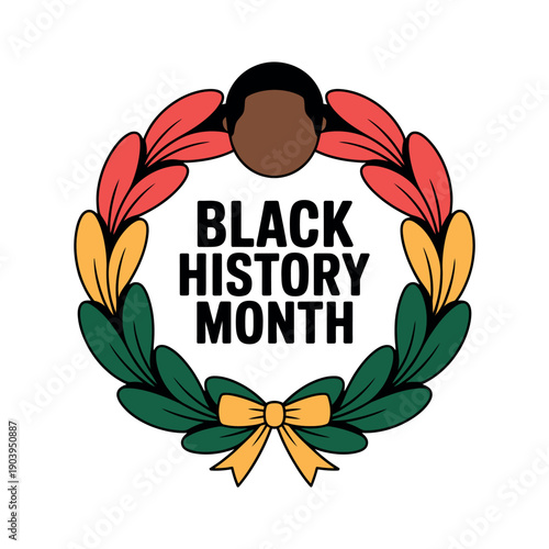A colorful illustration celebrating Black History Month with a wreath and bold text