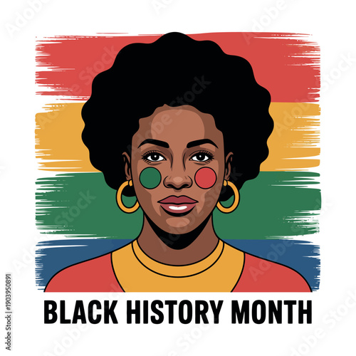 A vibrant illustration of a woman celebrating Black History Month with a colorful background