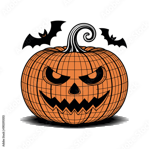 A spooky jack-o-lantern with bats flying overhead on a white background