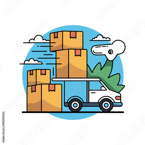 A cartoon dinosaur is driving a delivery truck with boxes in a playful illustration.