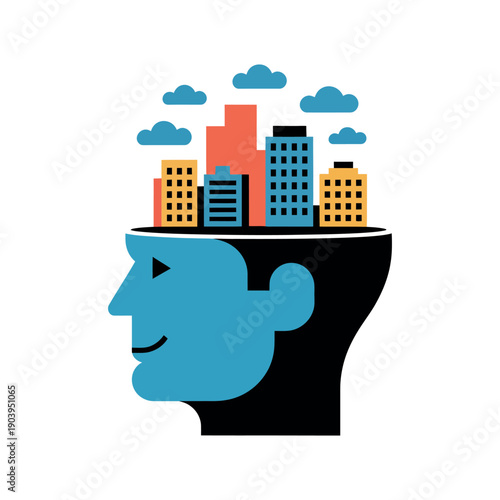 A creative illustration of a human head with a cityscape growing out of it, symbolizing urban planning and innovative thinking.
