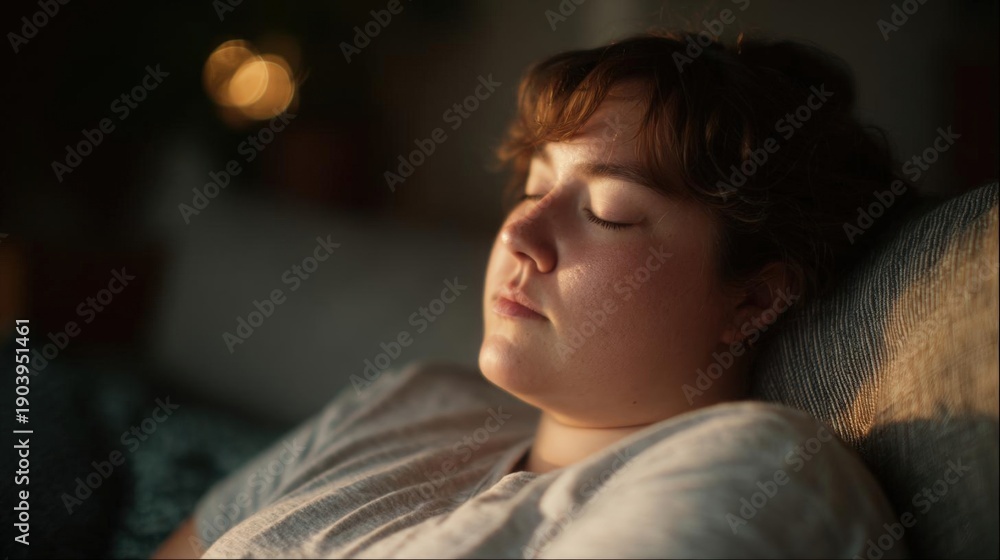 Obraz premium Close-up portrait of a young woman sleeping on a couch. she is lying on her side with her eyes closed and her head resting on a pillow. she appears to be in a peaceful and relaxed state.
