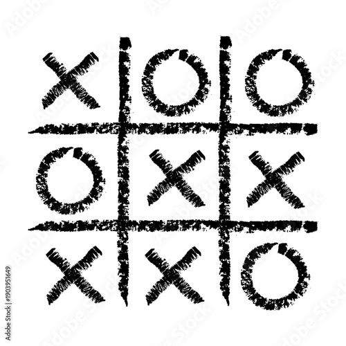 Black and white tic tac toe illustration drawn with chalk. Hand sketched XO game with rough strokes and textured chalk lines, isolated.