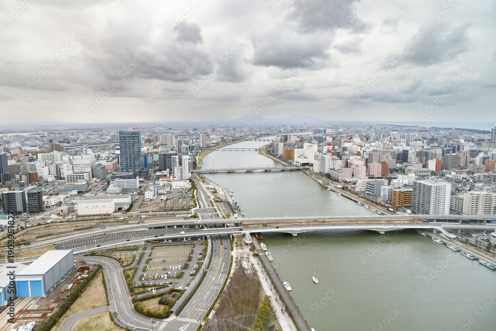 Obraz premium 新潟朱鷺メッセから見た信濃川、弥彦山方面の風景