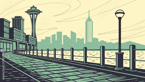 Waterfront Promenade Along Coastal City Skyline Featuring Tall Observation Tower and Historic Architecture Stylized Art seattle skyline