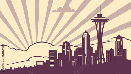 Stylized Silhouette of a Major City Skyline Featuring a Tall Observation Tower Against Rising Sun Rays seattle skyline