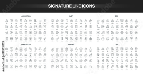 Large set of thin line icons for accounting, audit, B2B, core values, finance and tax, ideal for dashboards, reports, infographics and corporate branding vector illustration