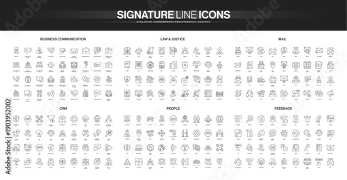 Black thin line icon set with law and justice, business communication, mail, CRM, people, and feedback themes, designed for professional corporate branding, presentations, and UI vector illustration