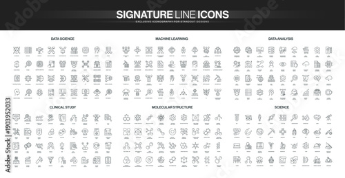 Comprehensive line icon collection covers data science, machine learning, data analysis, clinical study, molecular structure, and science concepts isolated vector illustration