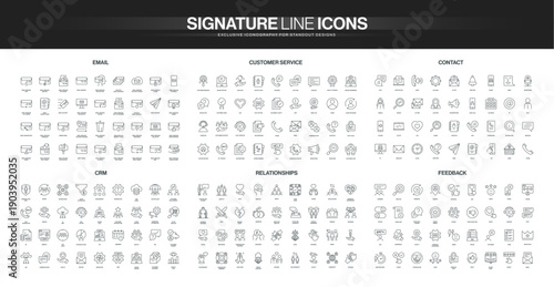 Comprehensive set of thin line icons for email, customer service, contact, CRM, relationships, and feedback themes, covering digital communication and business interaction isolated vector illustration