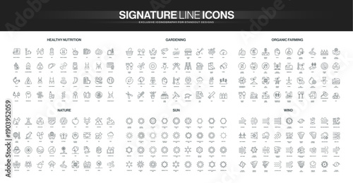 Collection of thin line icons covering healthy nutrition, gardening, organic farming, nature, sun, and wind concepts, suitable for eco, food, and environment themes isolated vector illustration