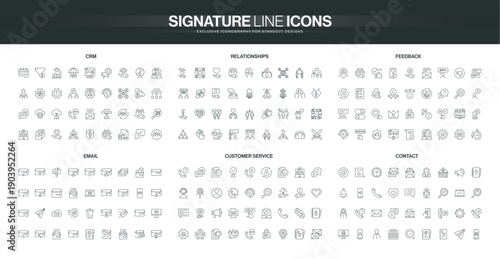 Minimalist line icons cover CRM, relationships, feedback, email, customer service, and contact themes, supporting business communication and management needs isolated vector illustration