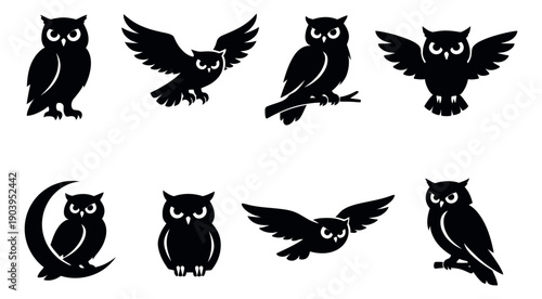 Silhouette owl set featuring various standing, flying, and perching owls for nature and wildlife designs