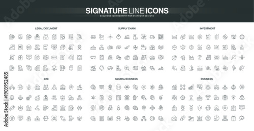 Comprehensive set of thin line icons covering legal documents, supply chain, investment, B2B, global business, and corporate themes for modern business solutions isolated vector illustration