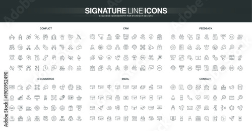 Comprehensive set of thin line icons covering conflict resolution, CRM, feedback, e-commerce, email, and contact concepts for business communication isolated vector illustration