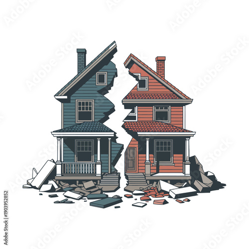 An illustration of two houses split in half with debris scattered around them on a white background