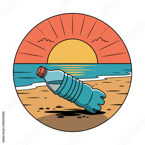A cartoon illustration of a plastic bottle on a beach at sunset, highlighting ocean pollution and environmental issues.