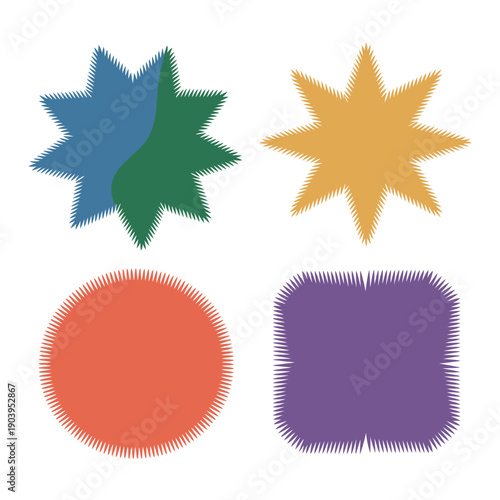A colorful set of abstract shapes with spiky edges on a white background