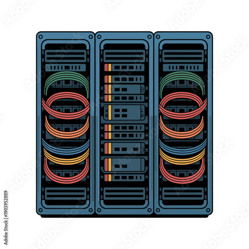 An illustration of a server with colorful cables and wires inside a data center