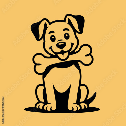 A cartoon dog sitting with a bone in a playful and cheerful illustration on a yellow background.