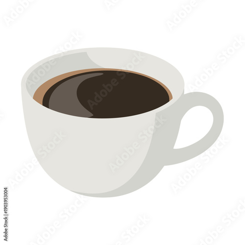 A steaming cup of black coffee in a simple white ceramic mug on a plain background