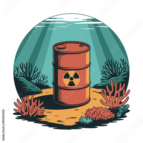 An illustration of a radioactive barrel underwater surrounded by coral and seaweed in a vibrant ocean environment.