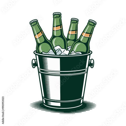An illustration of a metal bucket filled with ice and green beer bottles on a white background.