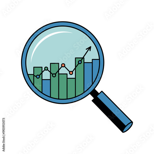 A magnifying glass is focused on a bar graph with an upward trend