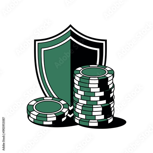 A green shield protects stacks of poker chips on a white background