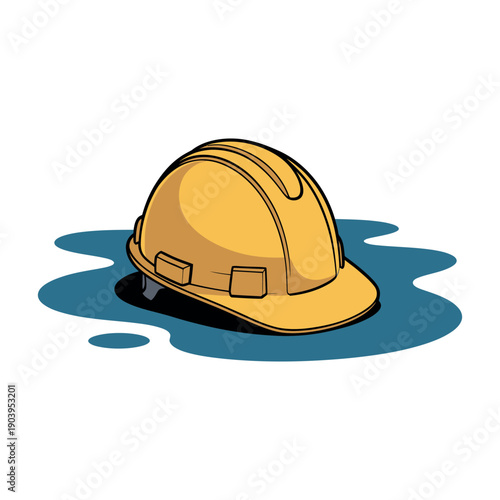 A yellow hard hat sitting in a puddle of water on a construction site with safety equipment.