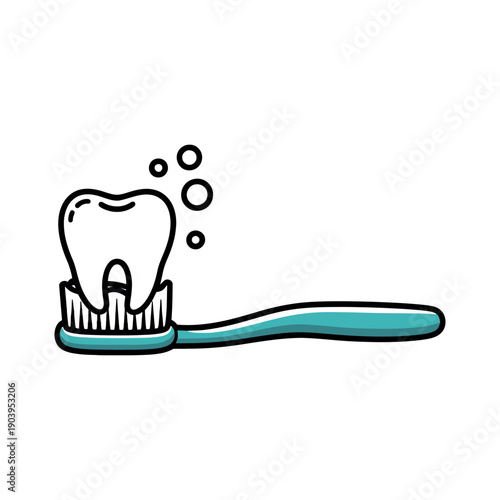A cartoon toothbrush with a tooth on its bristles and bubbles rising up