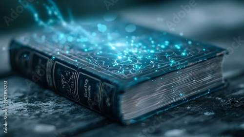 A steampunk magic book rests on a wooden surface. Gears turn quietly as neon lights create a soft glow, bringing the scene to life in a dark room