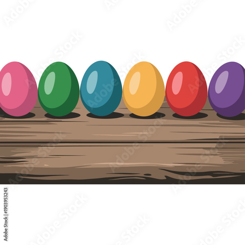 A colorful illustration of six Easter eggs in a row on a wooden surface