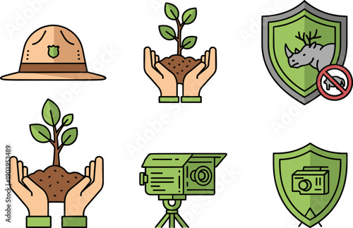 Wildlife Conservation and Environmental Protection Icon Set, Flat Vector Illustration