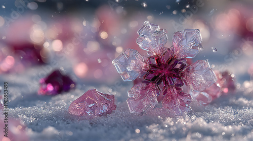 Wallpaper Mural Close-up of a detailed, transparent snowflake with pinkish hues on ice. Torontodigital.ca