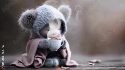 Adorable fuzzy teddy bear holding a steaming cup of coffee or cocoa